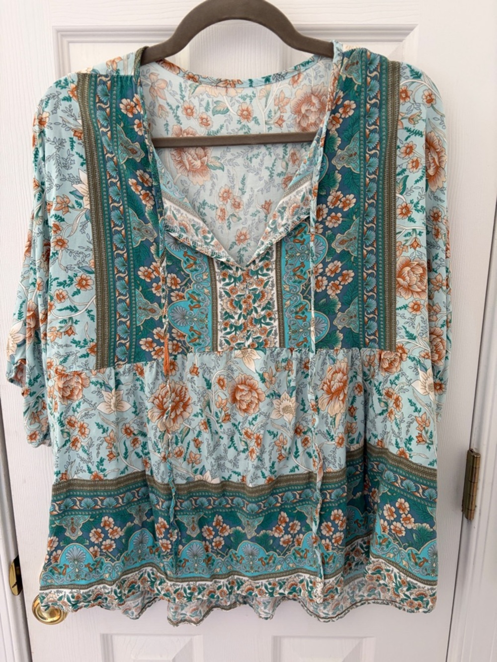 Boho Floral Peasant Top in Teal and Cream